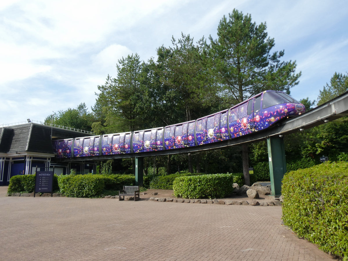 Alton Towers Monorail with its themed train wrap photographed 30 July 2025 by Gareth James, CC BY-SA 2.0