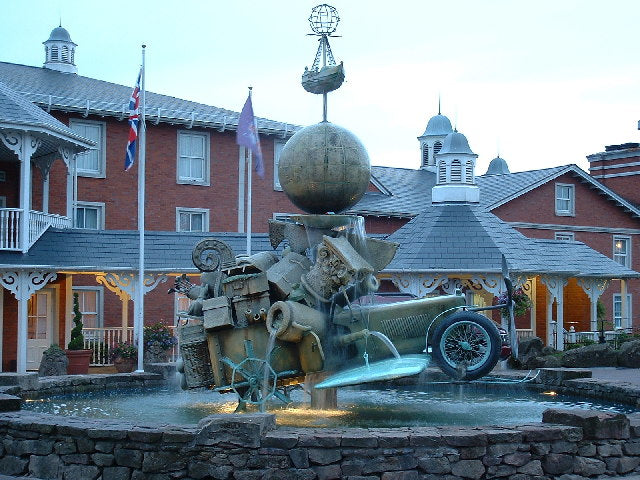 Fountain outside Alton Towers Hotel photographed by Mark Pepall, CC BY-SA 2.0; historic hotel exterior, not a cot or room