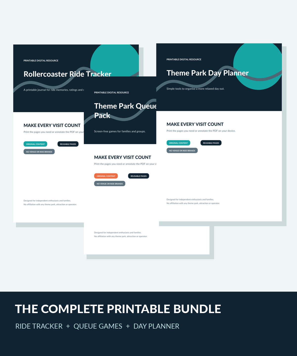 Theme park printable digital bundle with three downloadable activity packs